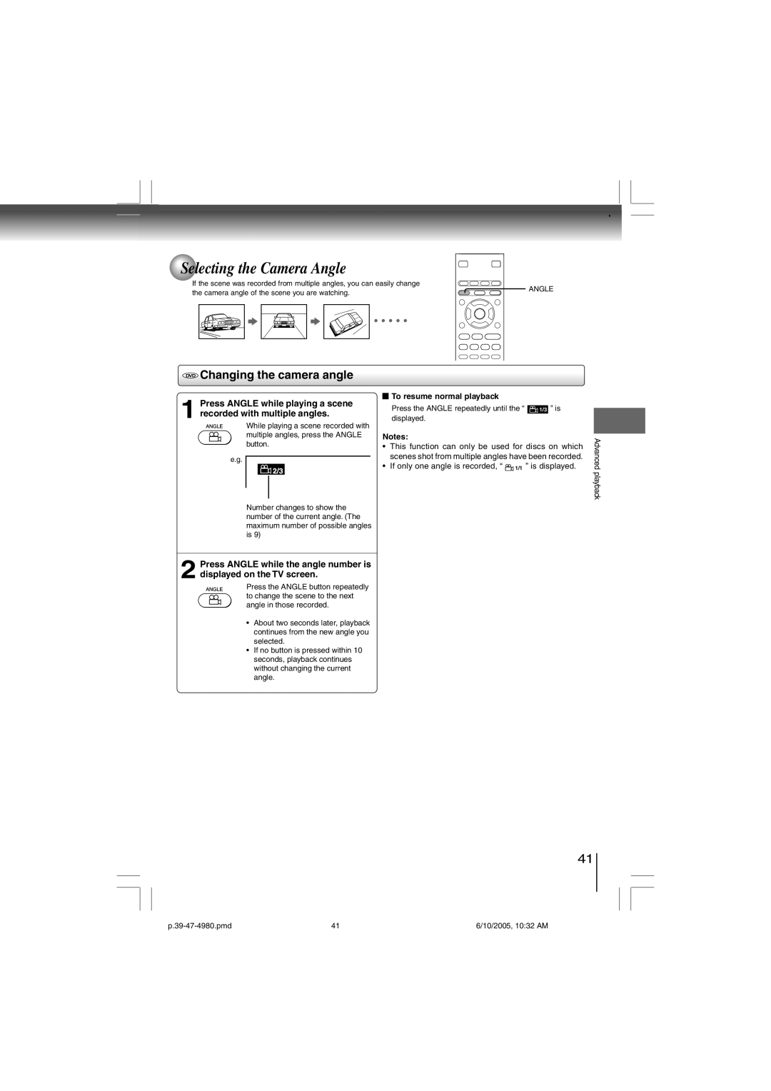 Toshiba SD-4980SU manual Selecting the Camera Angle, Changing the camera angle 