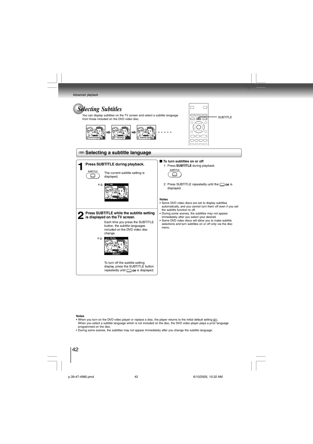 Toshiba SD-4980SU manual Selecting Subtitles, DVD Selecting a subtitle language, Press Subtitle during playback 