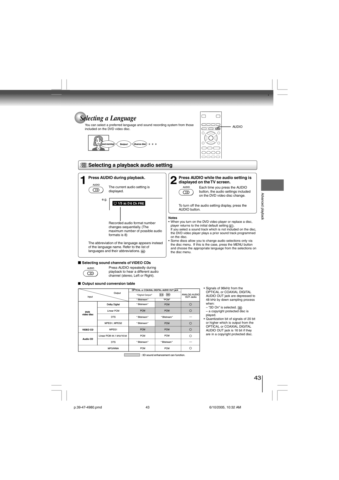 Toshiba SD-4980SU manual Selecting a Language, Selecting a playback audio setting, Press Audio during playback 