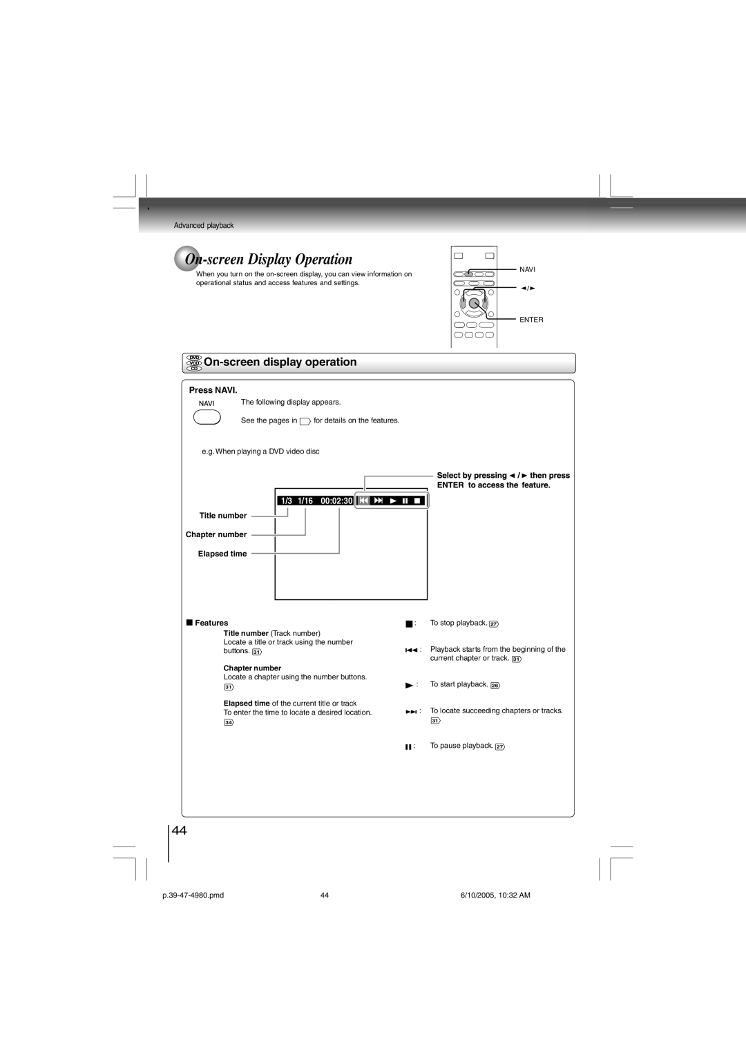 Toshiba SD-4980SU manual On-screen Display Operation, On-screen display operation, Press Navi, Features 