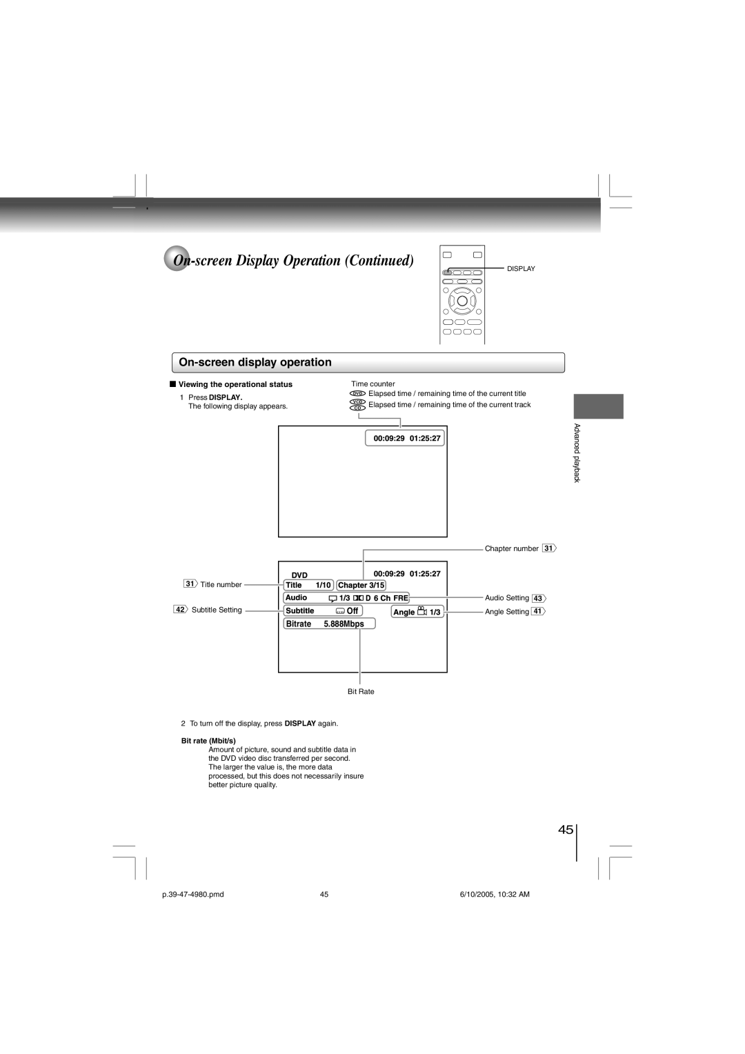 Toshiba SD-4980SU manual Off, Bitrate 888Mbps, Viewing the operational status, Bit rate Mbit/s 