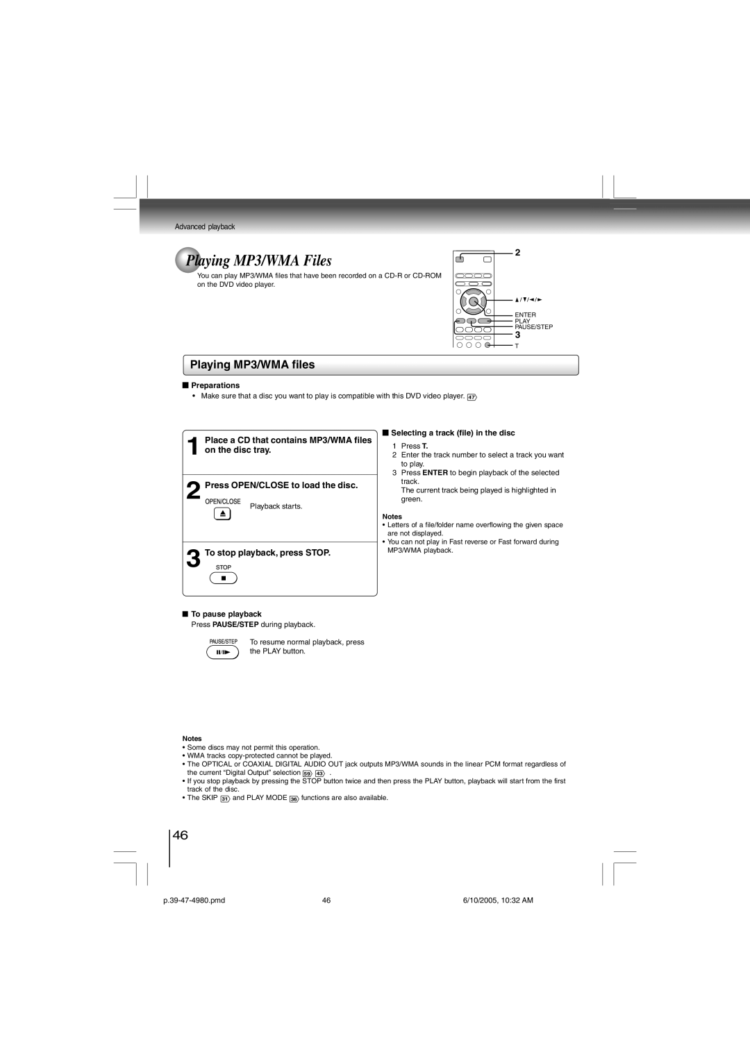 Toshiba SD-4980SU manual Playing MP3/WMA Files, Playing MP3/WMA files 