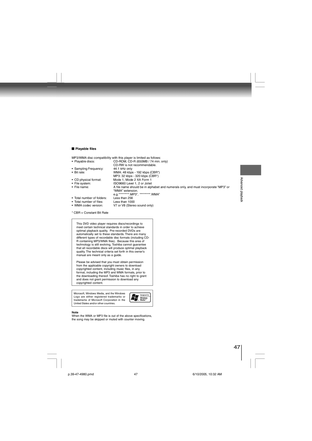 Toshiba SD-4980SU manual Playable files, Advanced playback 39-47-4980.pmd 10/2005, 1032 AM 