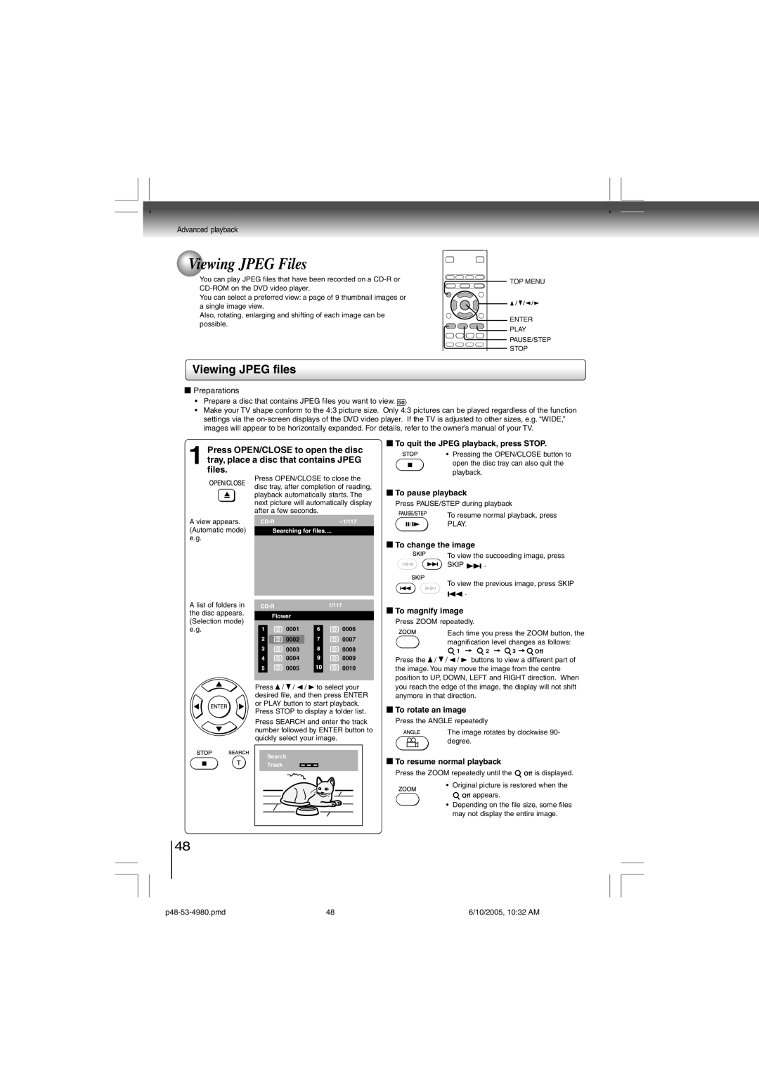 Toshiba SD-4980SU manual Viewing Jpeg Files, Viewing Jpeg files 