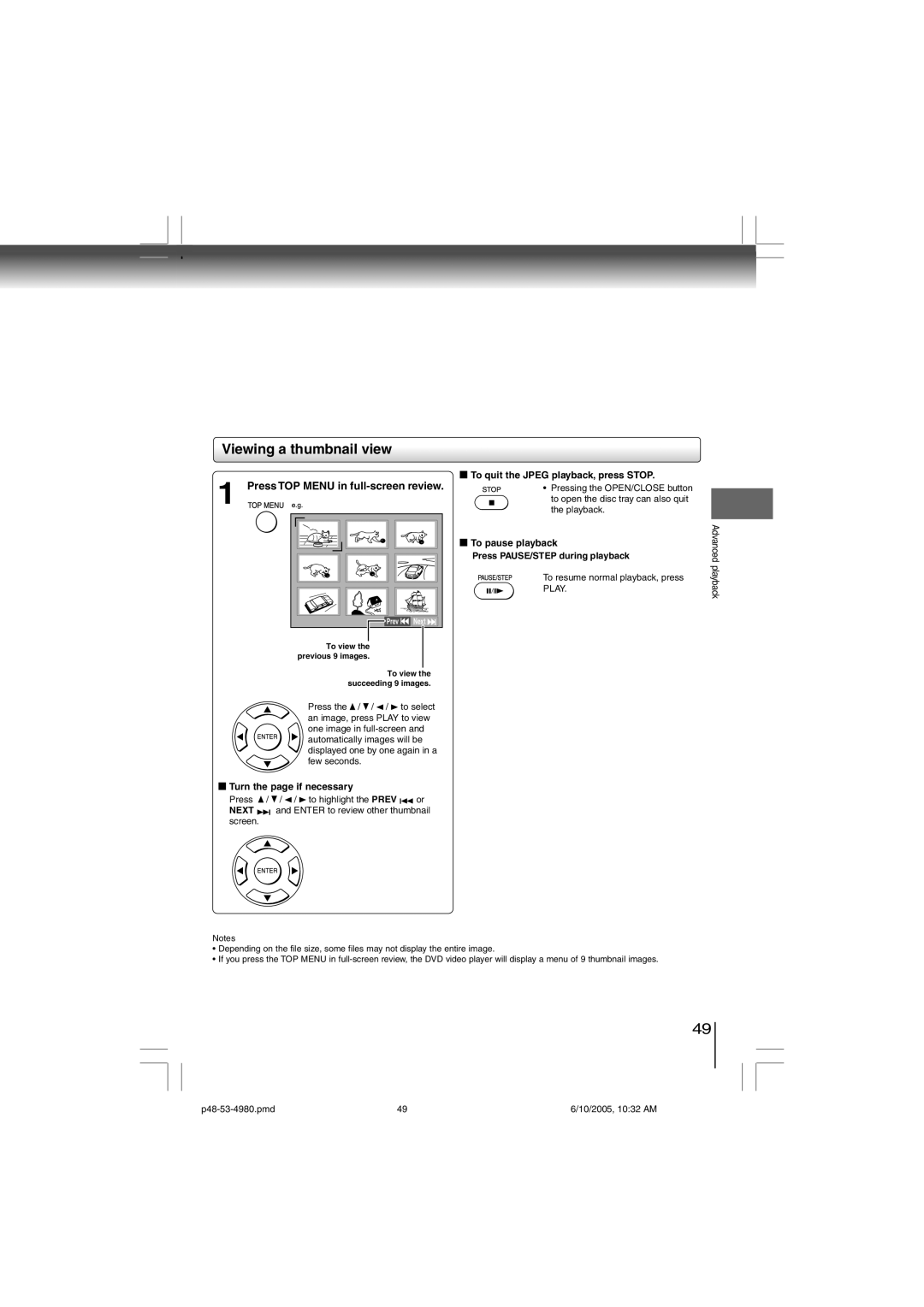 Toshiba SD-4980SU manual Viewing a thumbnail view, Press TOP Menu in full-screen review, Pressing the OPEN/CLOSE button 