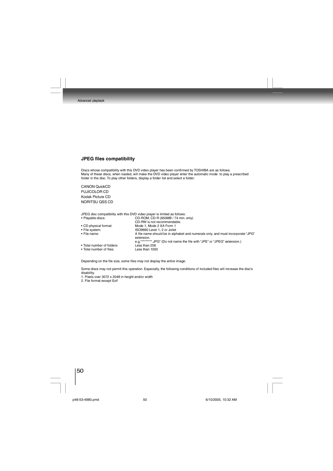 Toshiba SD-4980SU manual Jpeg files compatibility 