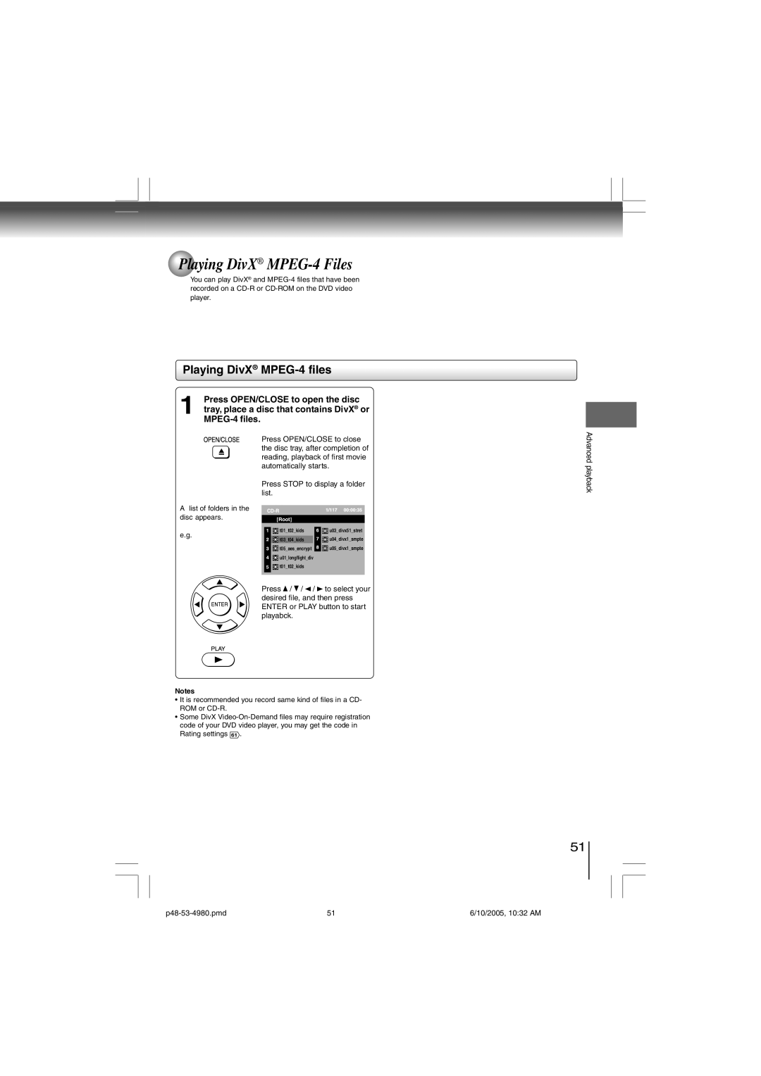 Toshiba SD-4980SU manual Playing DivX MPEG-4 Files, Playing DivX MPEG-4 files, Press OPEN/CLOSE to open the disc 