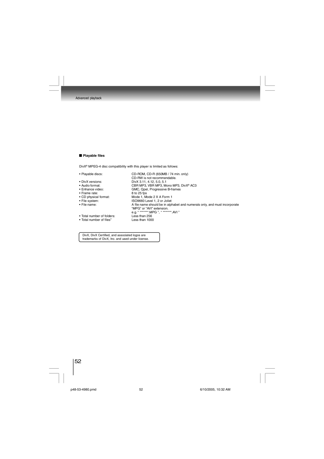 Toshiba SD-4980SU manual Playable files 