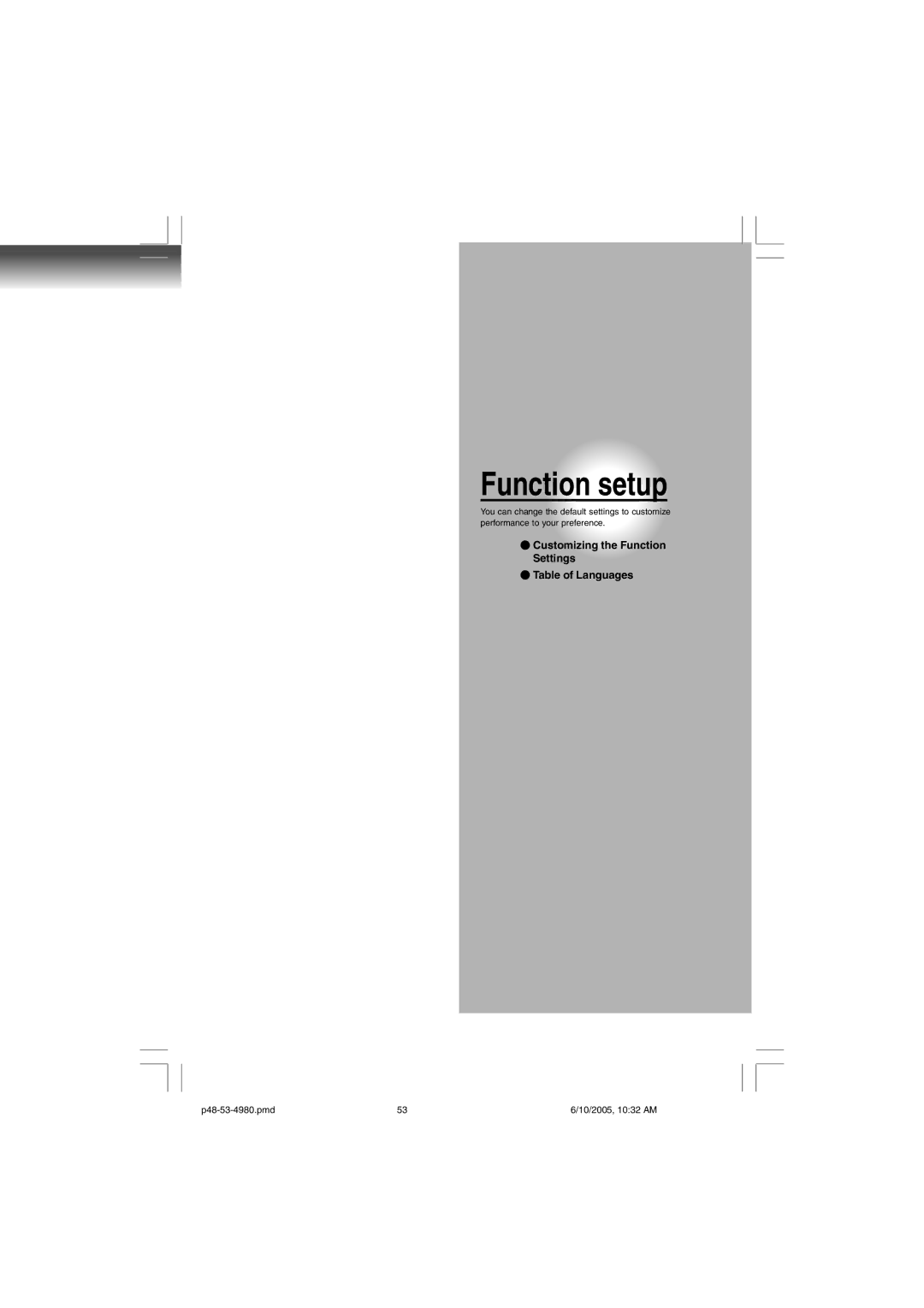 Toshiba SD-4980SU manual Function setup, Customizing the Function Settings Table of Languages 