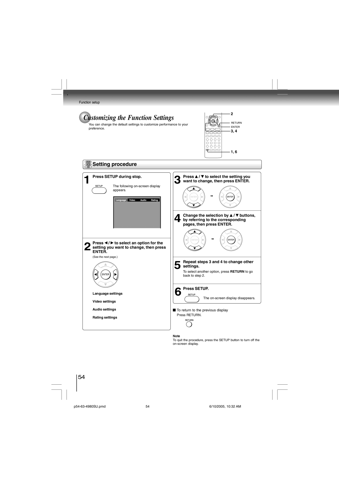 Toshiba SD-4980SU manual Customizing the Function Settings, Setting procedure, Press Setup during stop 