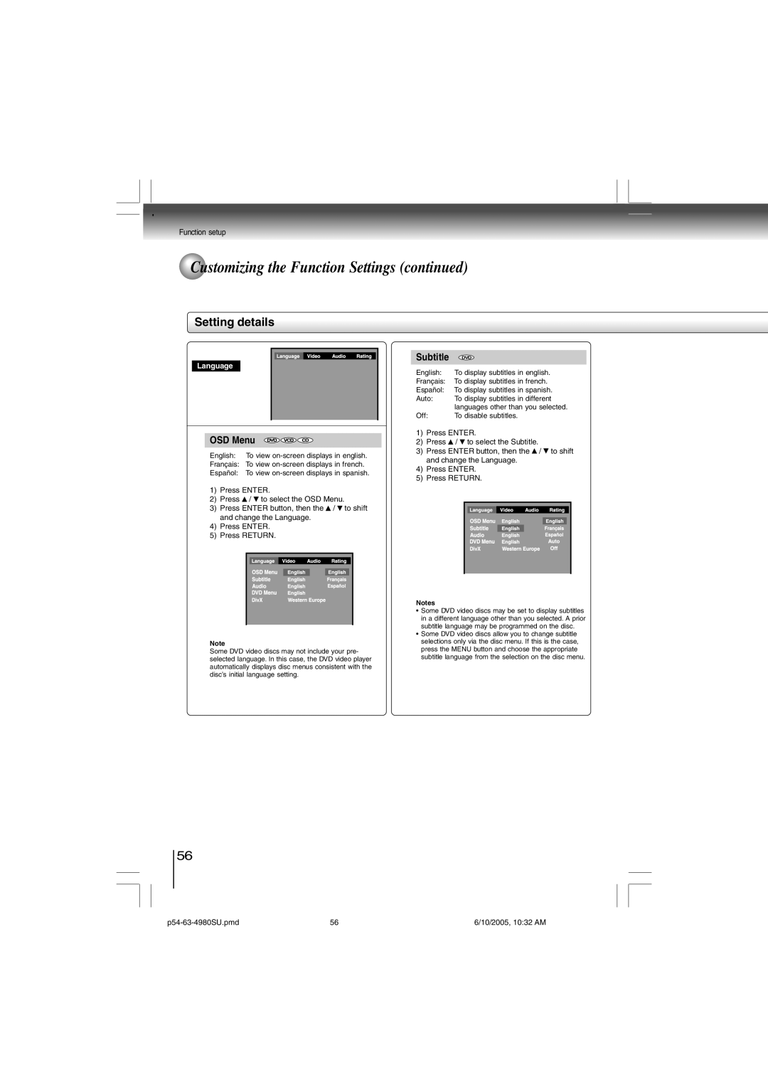 Toshiba SD-4980SU manual Setting details 