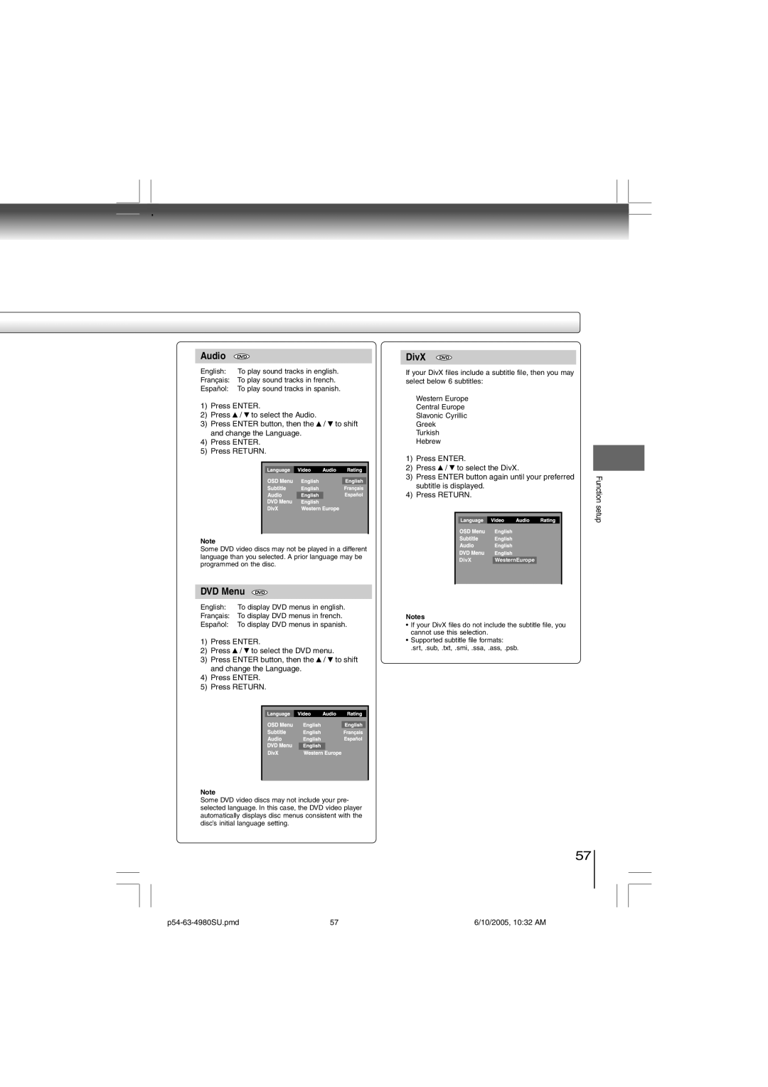 Toshiba SD-4980SU manual Press / to select the Audio, Press / to select the DVD menu 