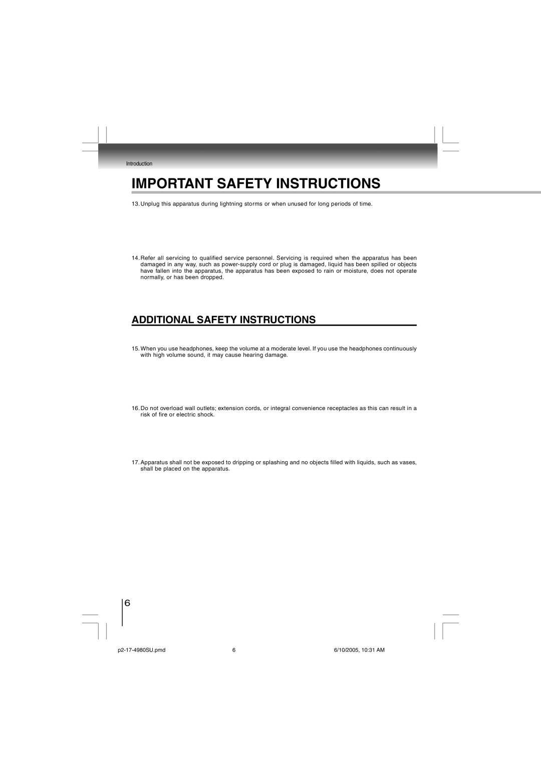 Toshiba SD-4980SU manual Additional Safety Instructions 