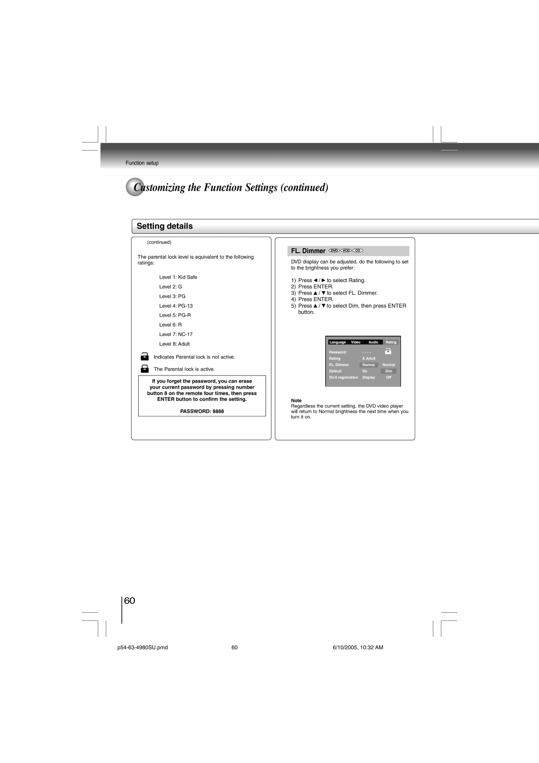 Toshiba SD-4980SU manual FL. Dimmer 