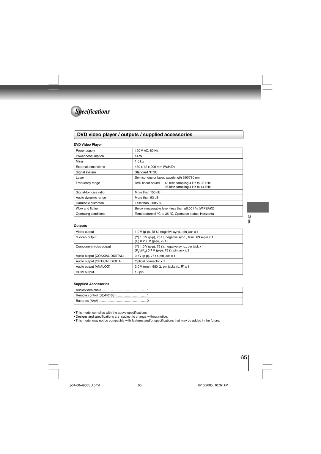 Toshiba SD-4980SU manual Specifications, DVD video player / outputs / supplied accessories, DVD Video Player, Outputs 