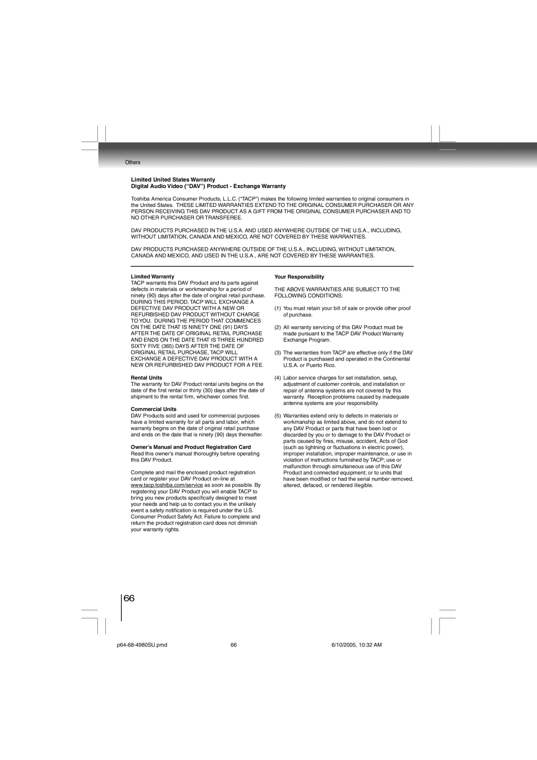 Toshiba SD-4980SU manual Limited Warranty, Rental Units, Commercial Units, Your Responsibility 
