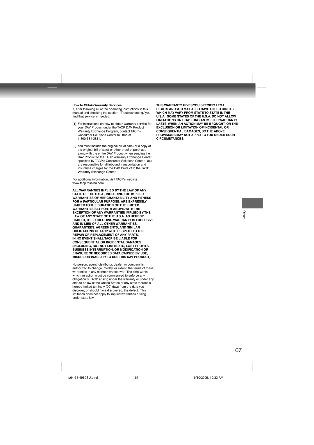 Toshiba SD-4980SU manual How to Obtain Warranty Services 