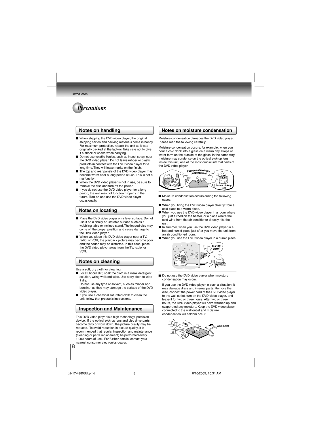 Toshiba SD-4980SU manual Precautions, Inspection and Maintenance 