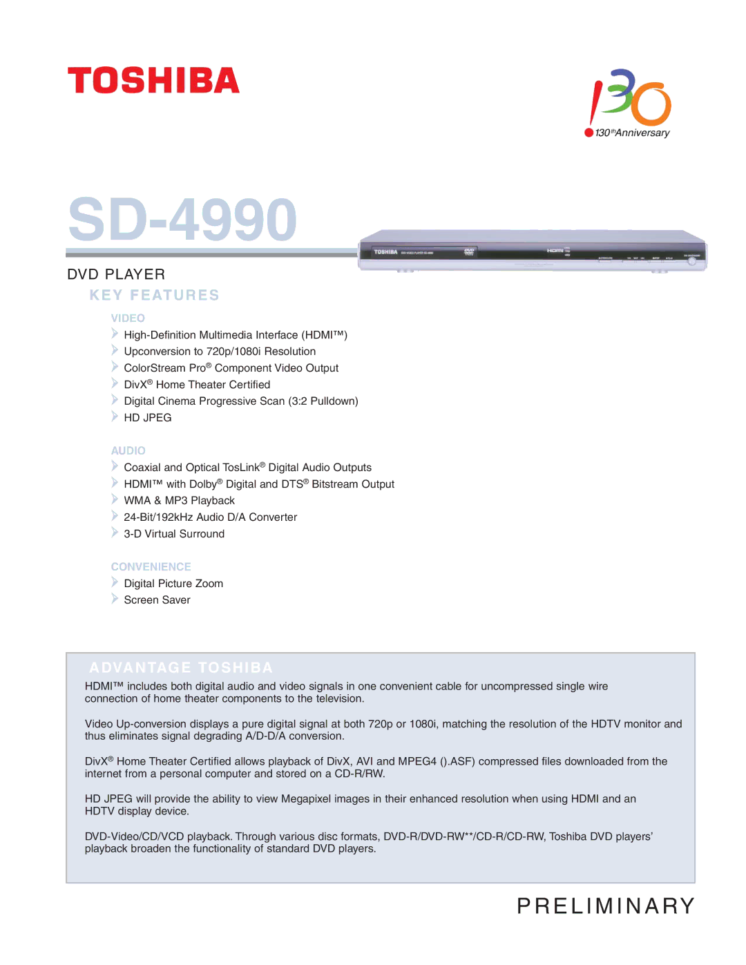 Toshiba SD-4990 manual KEY Features, Video, Audio, Convenience 