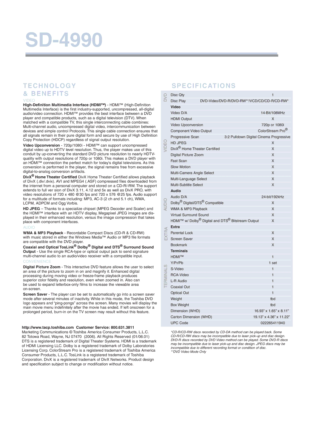 Toshiba SD-4990 manual Technology & Benefits, Specifications 