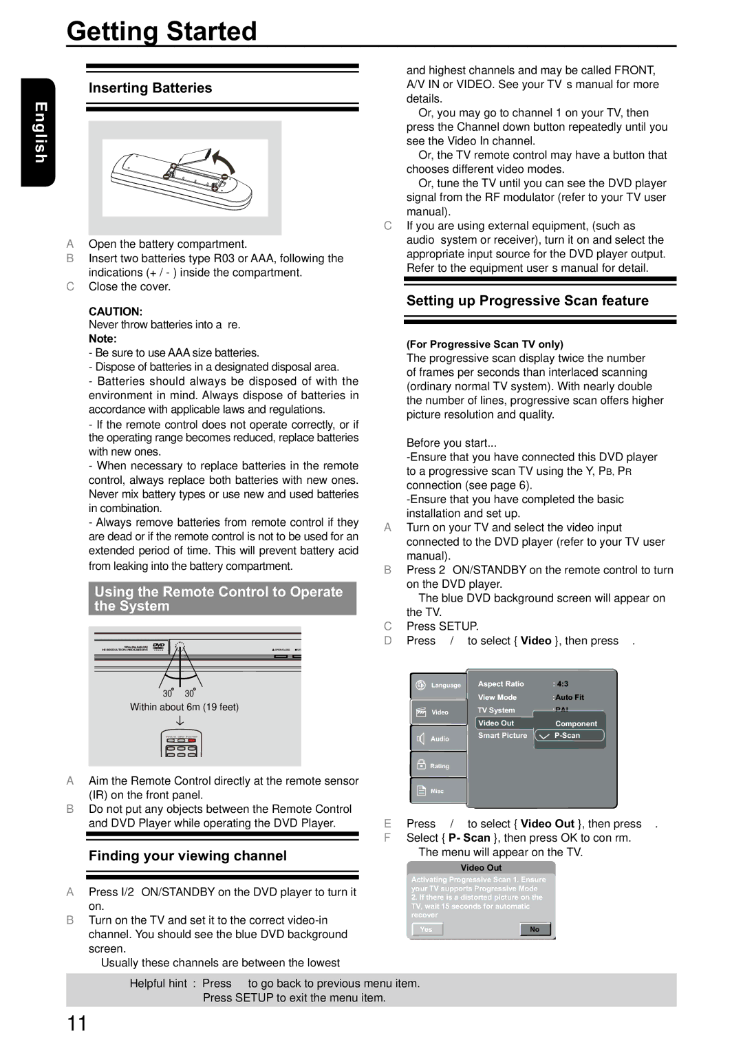 Toshiba SD-590KY Getting Started, Inserting Batteries, Setting up Progressive Scan feature, Finding your viewing channel 