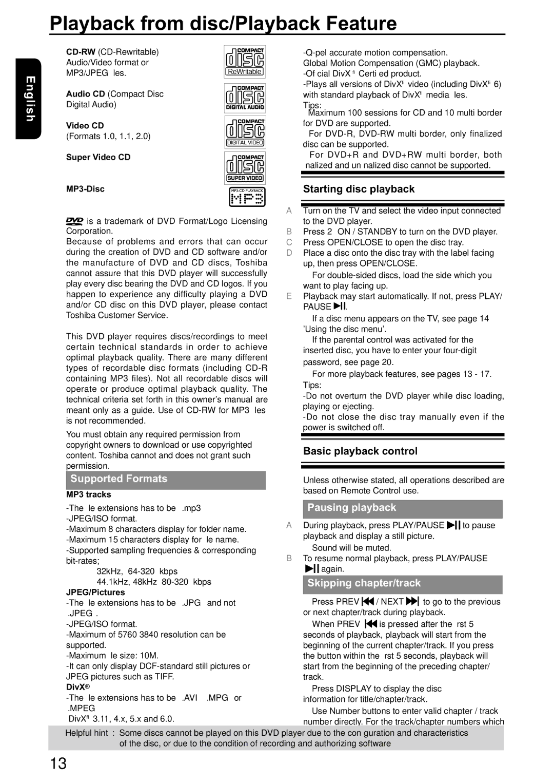 Toshiba SD-590KY manual Playback from disc/Playback Feature, Supported Formats, Pausing playback, Skipping chapter/track 