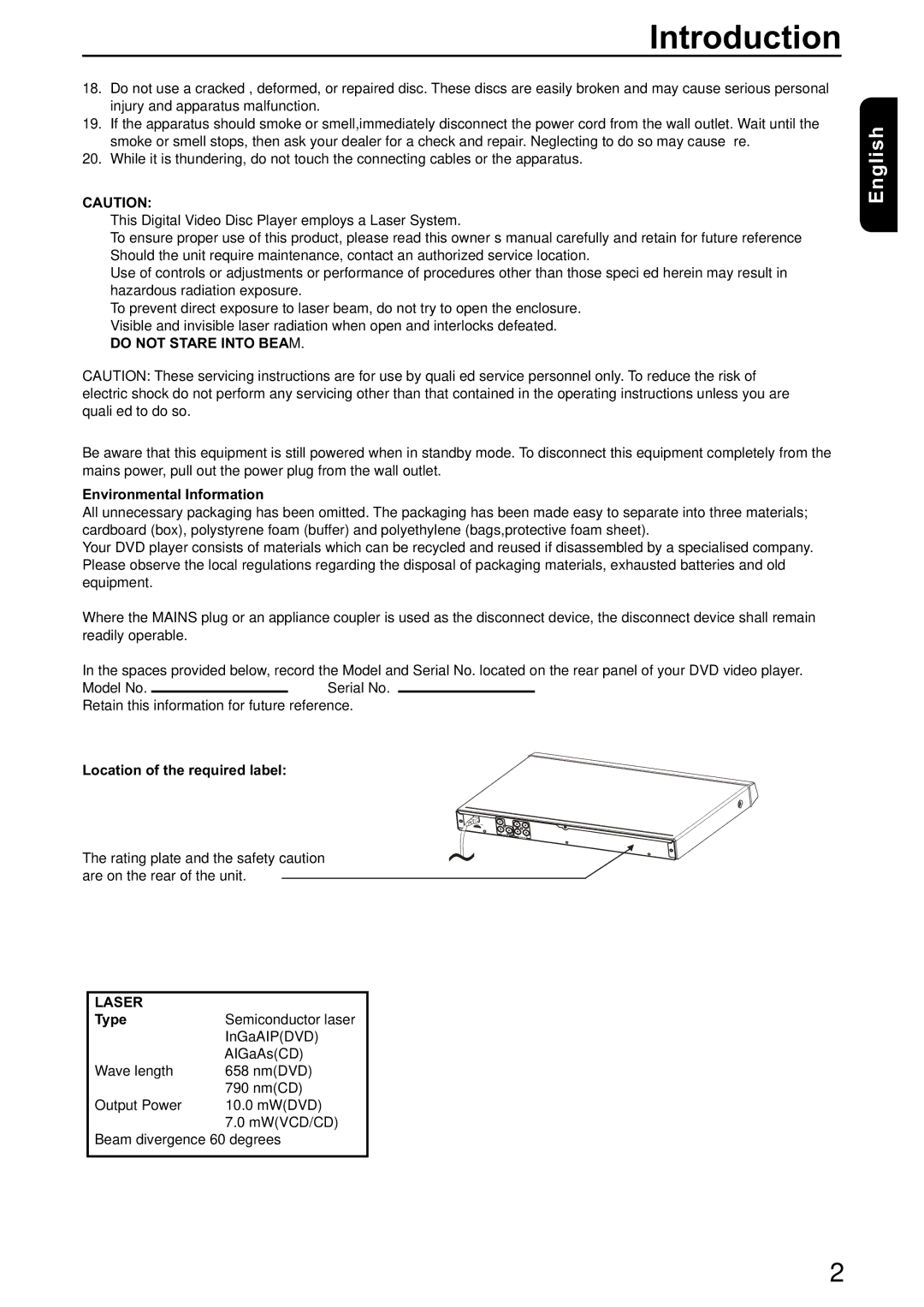 Toshiba SD-590KY manual Environmental Information, Location of the required label, Type 