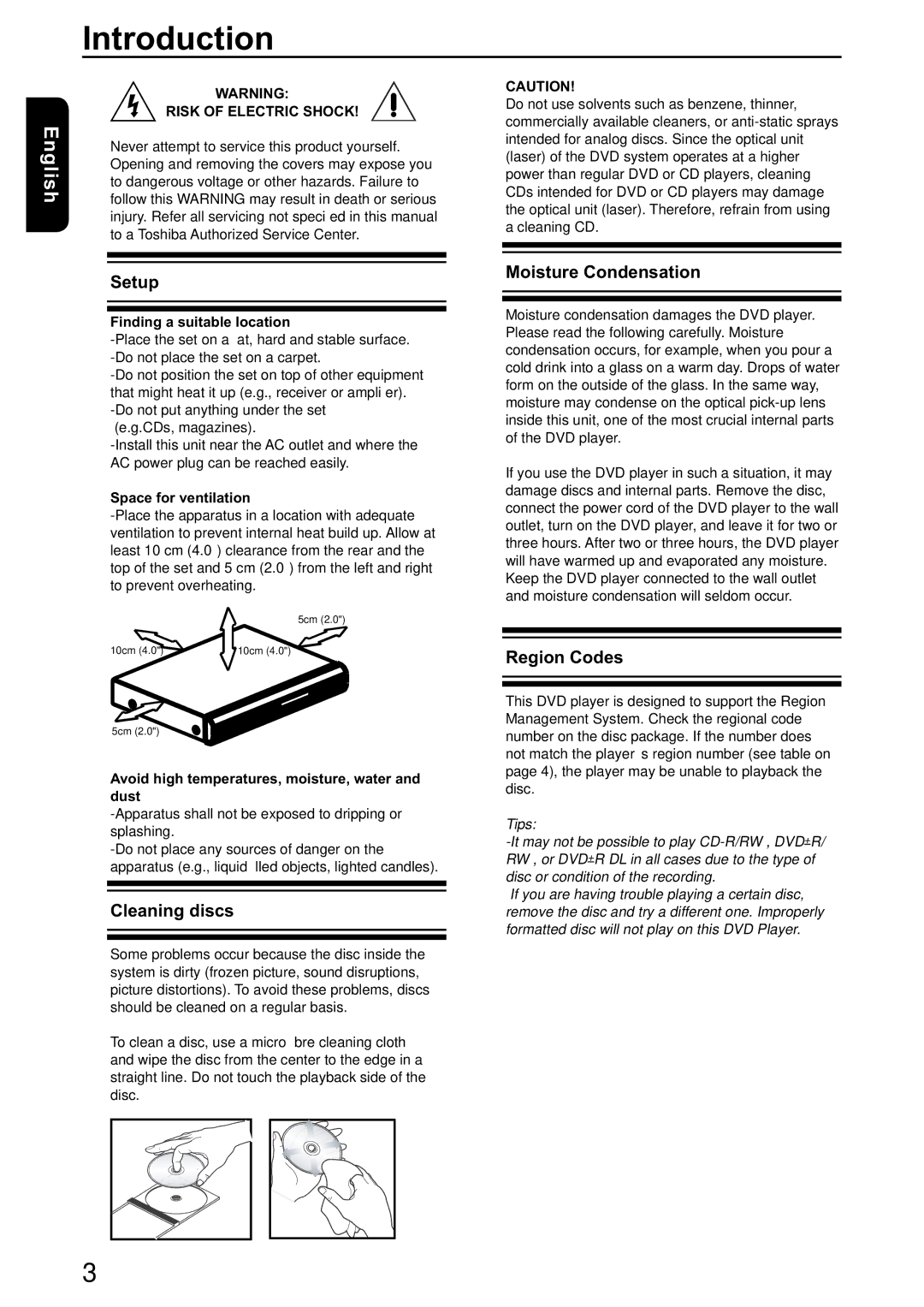 Toshiba SD-590KY manual Setup, Cleaning discs, Moisture Condensation, Region Codes 