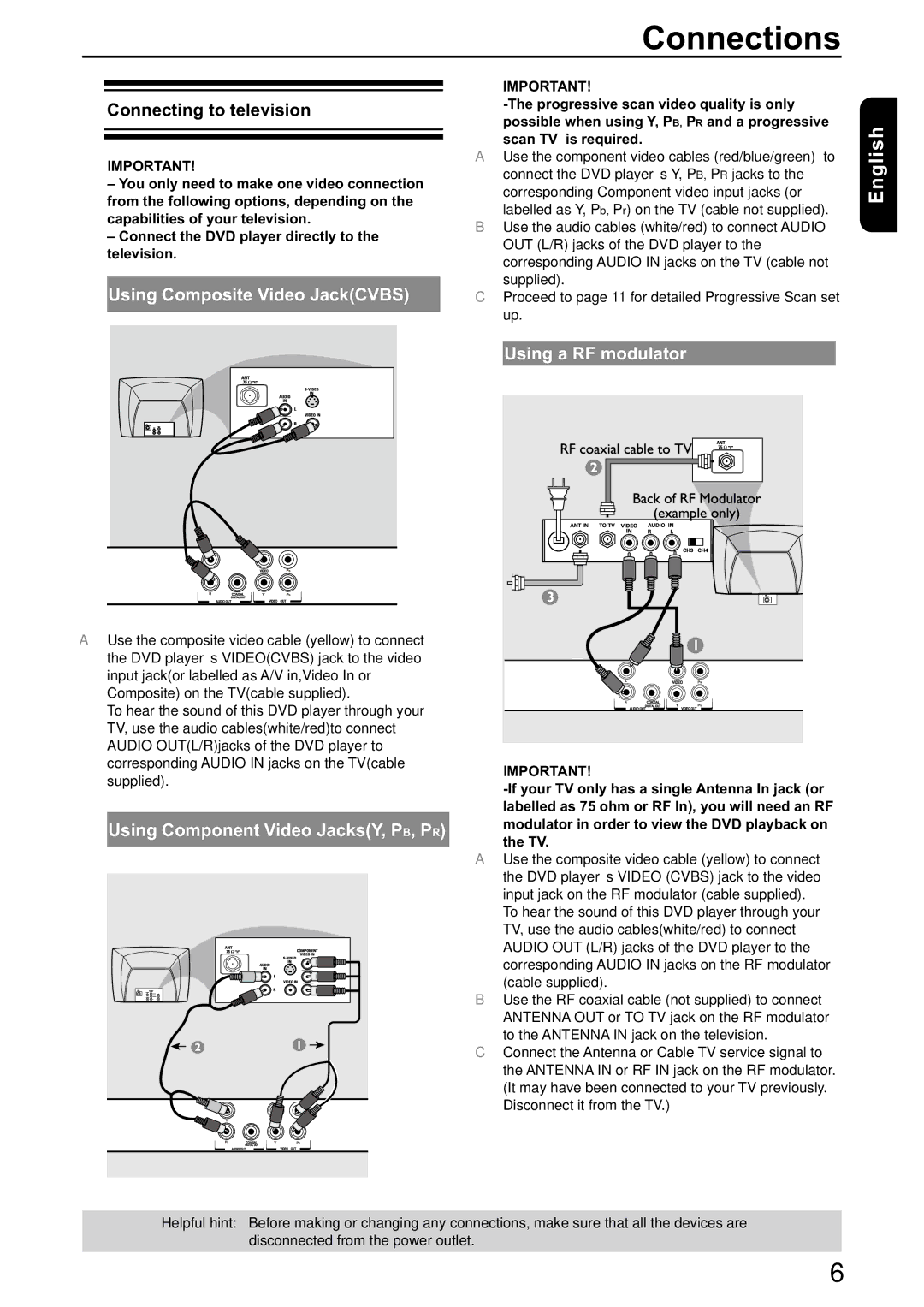 Toshiba SD-590KY manual Connections, Connecting to television, Using Composite Video JackCVBS, Using a RF modulator 