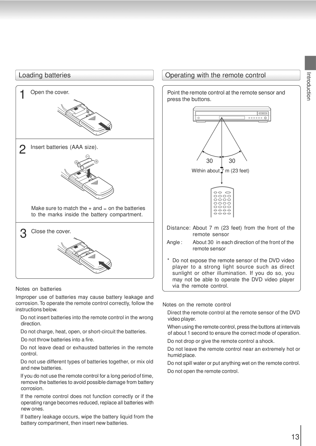 Toshiba SD-5915SC, SD-5915SU manual Loading batteries, Operating with the remote control 