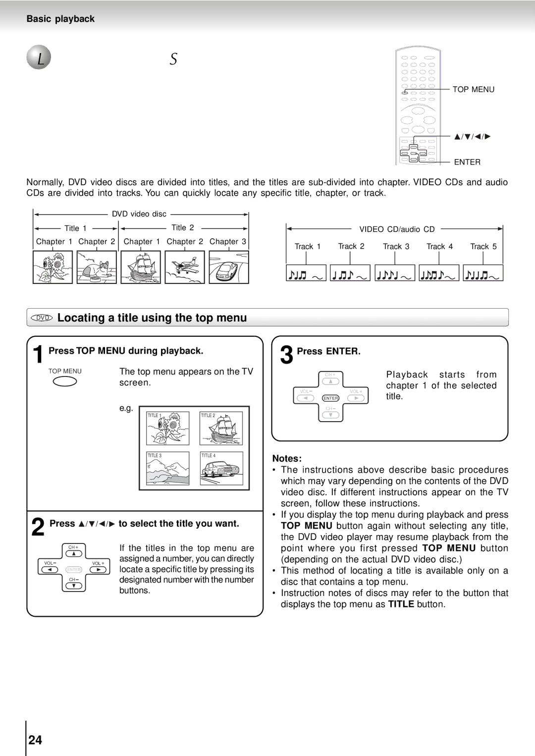 Toshiba SD-5915SU Locating a Desired Section, DVD Locating a title using the top menu, Press TOP Menu during playback 