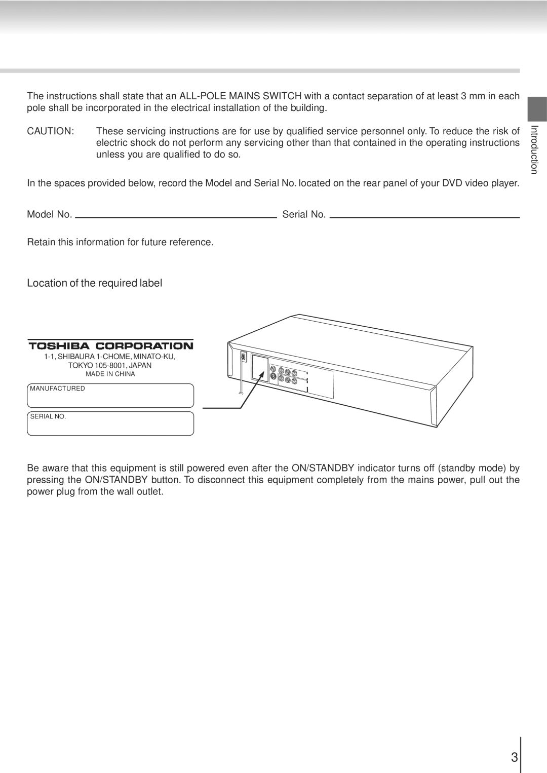 Toshiba SD-5915SC, SD-5915SU manual Location of the required label 