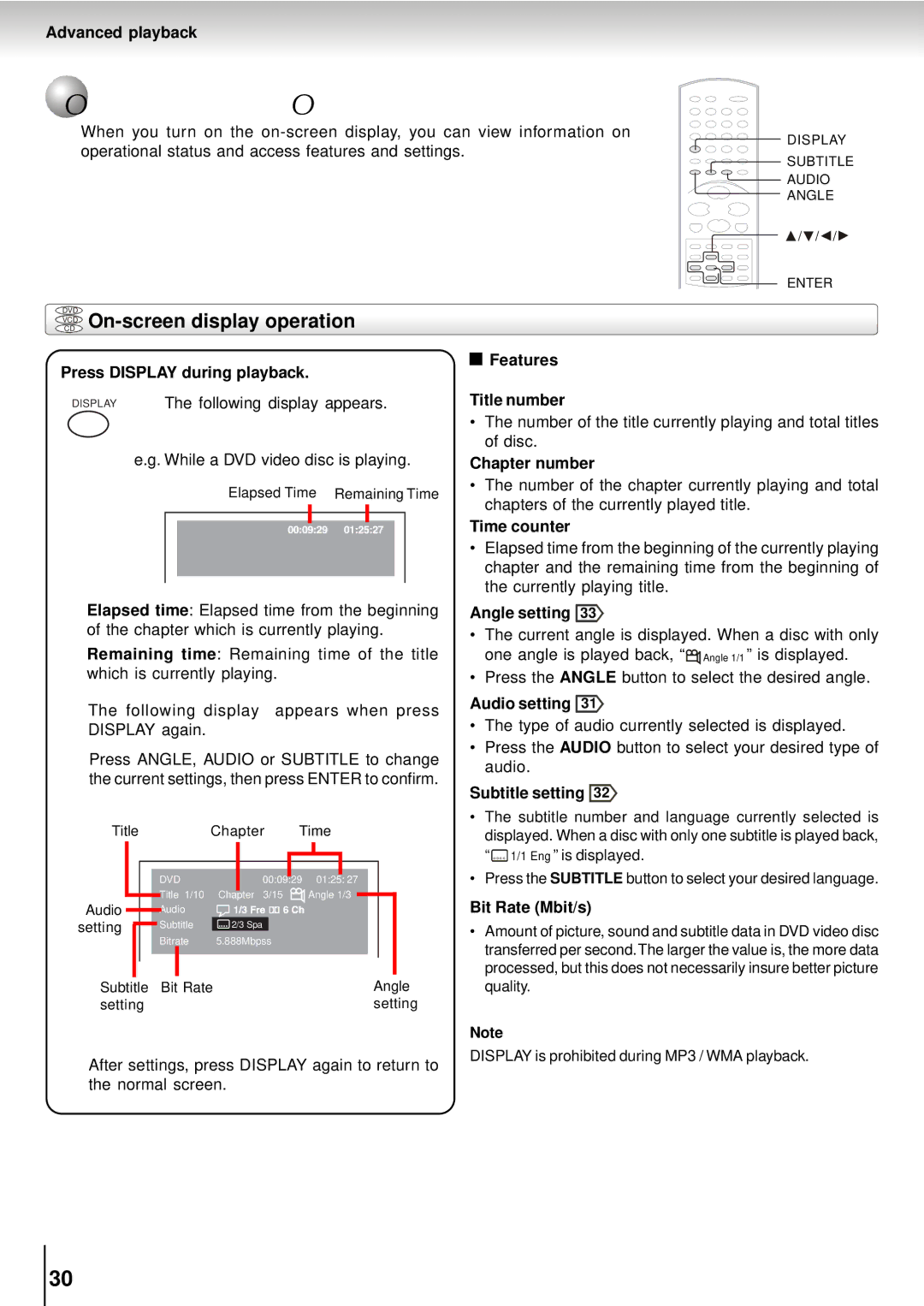 Toshiba SD-5915SU, SD-5915SC manual On -screen Display Operation, Vcdcd On-screen display operation 