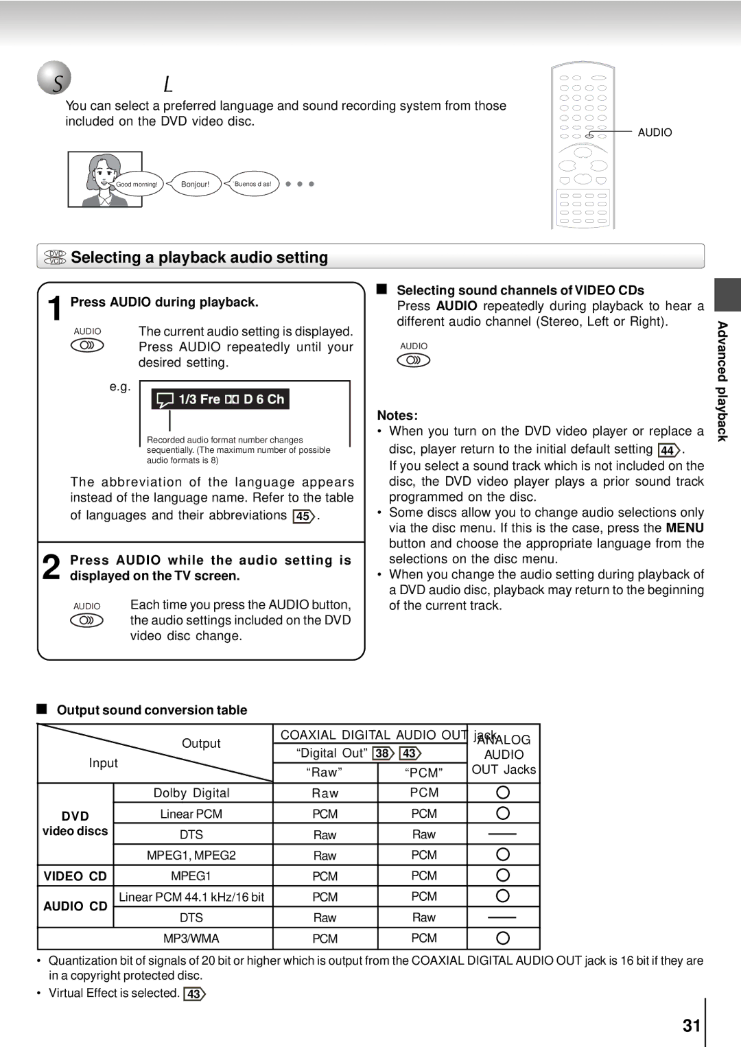 Toshiba SD-5915SC, SD-5915SU Selecting a Language, DVD Selecting a playback audio setting, Press Audio during playback 