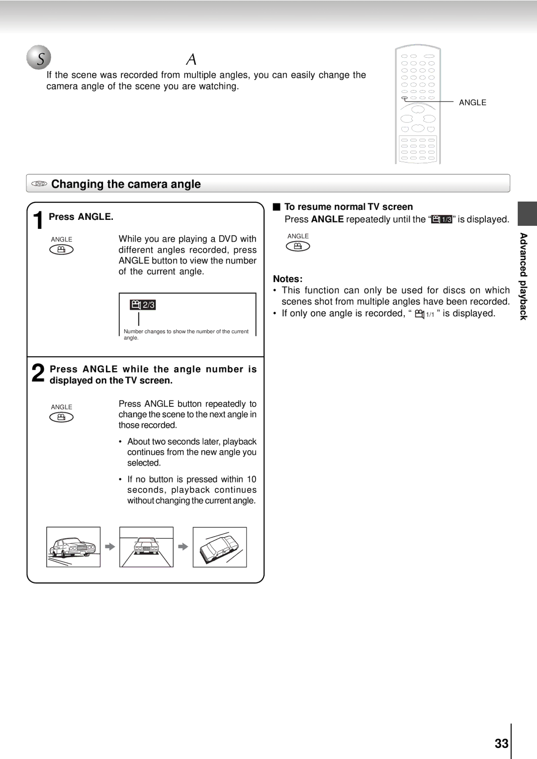 Toshiba SD-5915SC, SD-5915SU Selecting the Camera Angle, DVD Changing the camera angle, Different angles recorded, press 