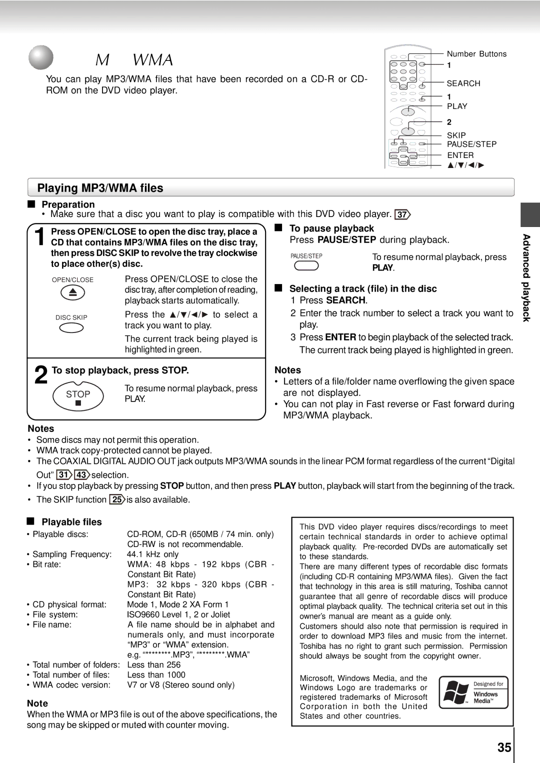 Toshiba SD-5915SC, SD-5915SU manual Playing MP3/WMA Files, Playing MP3/WMA files 