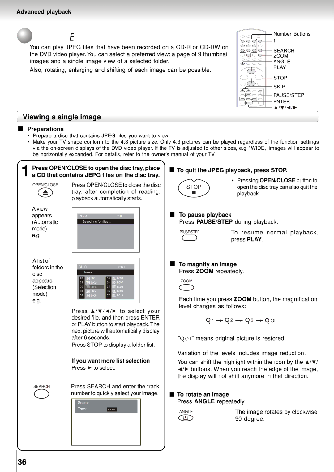 Toshiba SD-5915SU Viewing Jpeg Files, Viewing a single image, To quit the Jpeg playback, press Stop, To magnify an image 