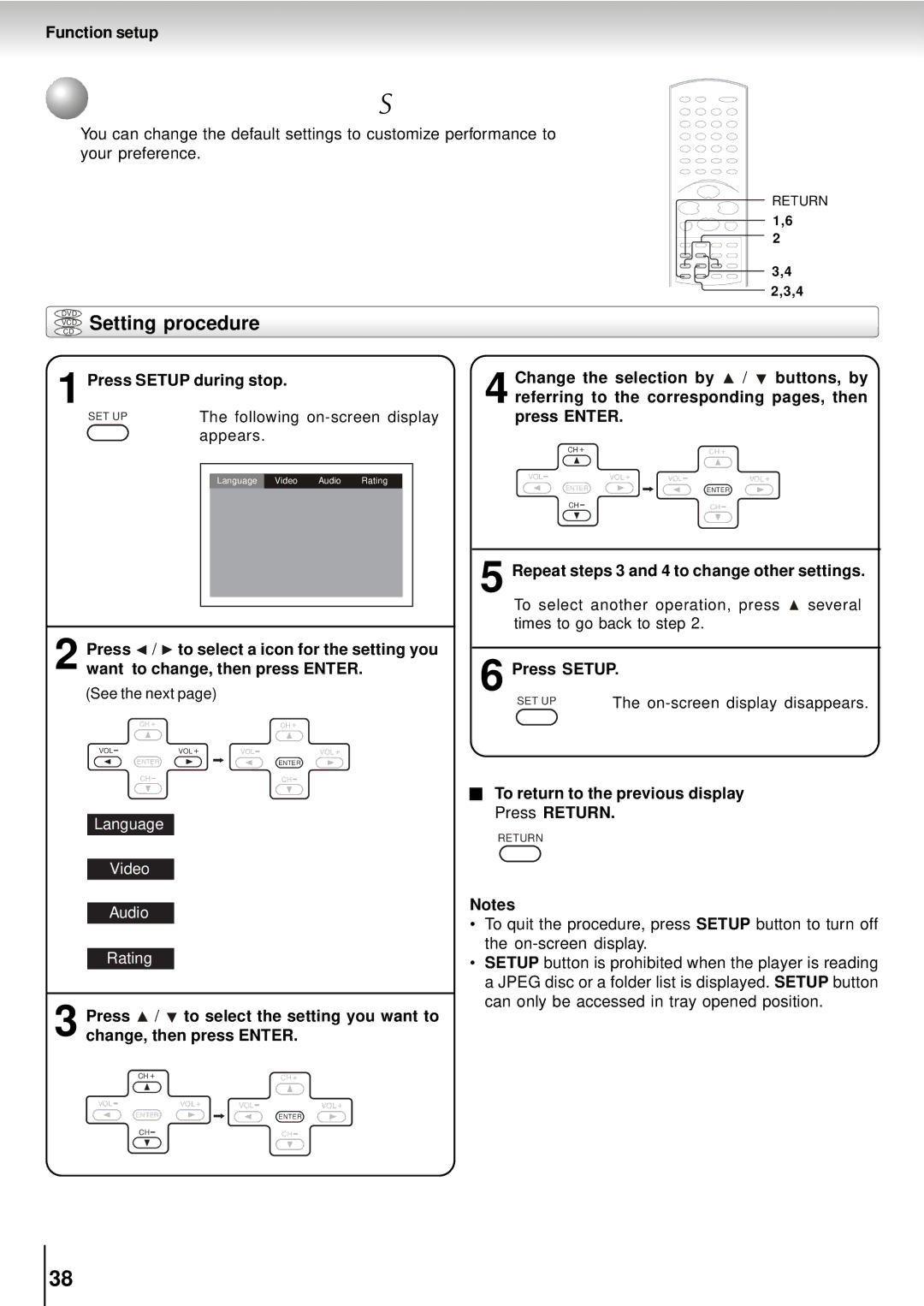 Toshiba SD-5915SU, SD-5915SC manual Customizing the Function Settings, Vcdcd Setting procedure 