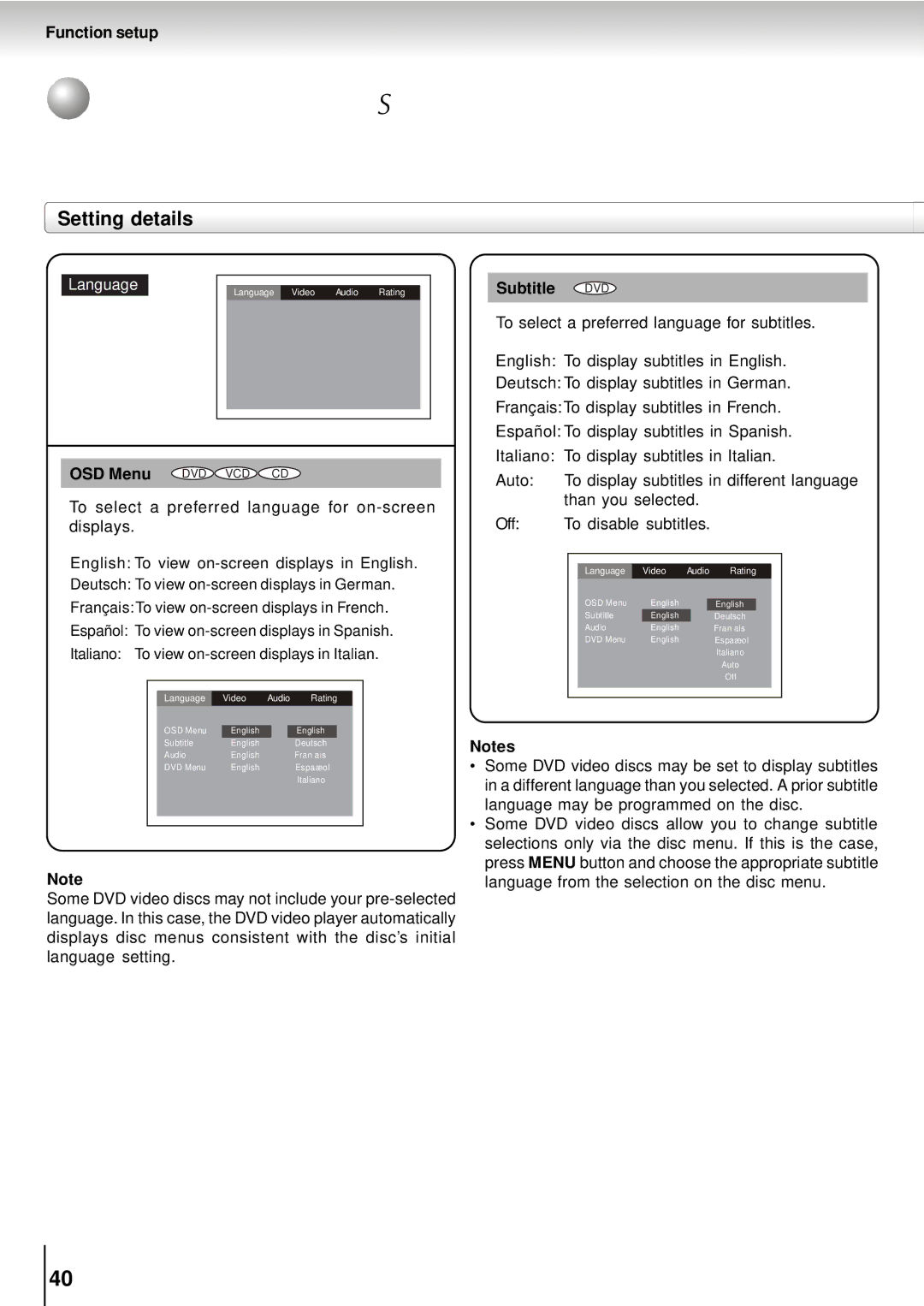 Toshiba SD-5915SU, SD-5915SC manual Setting details, Subtitle DVD 