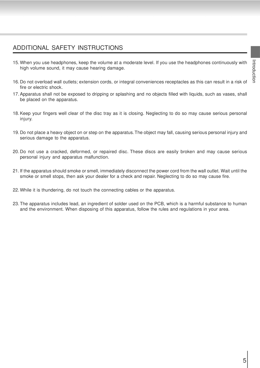 Toshiba SD-5915SC, SD-5915SU manual Additional Safety Instructions 