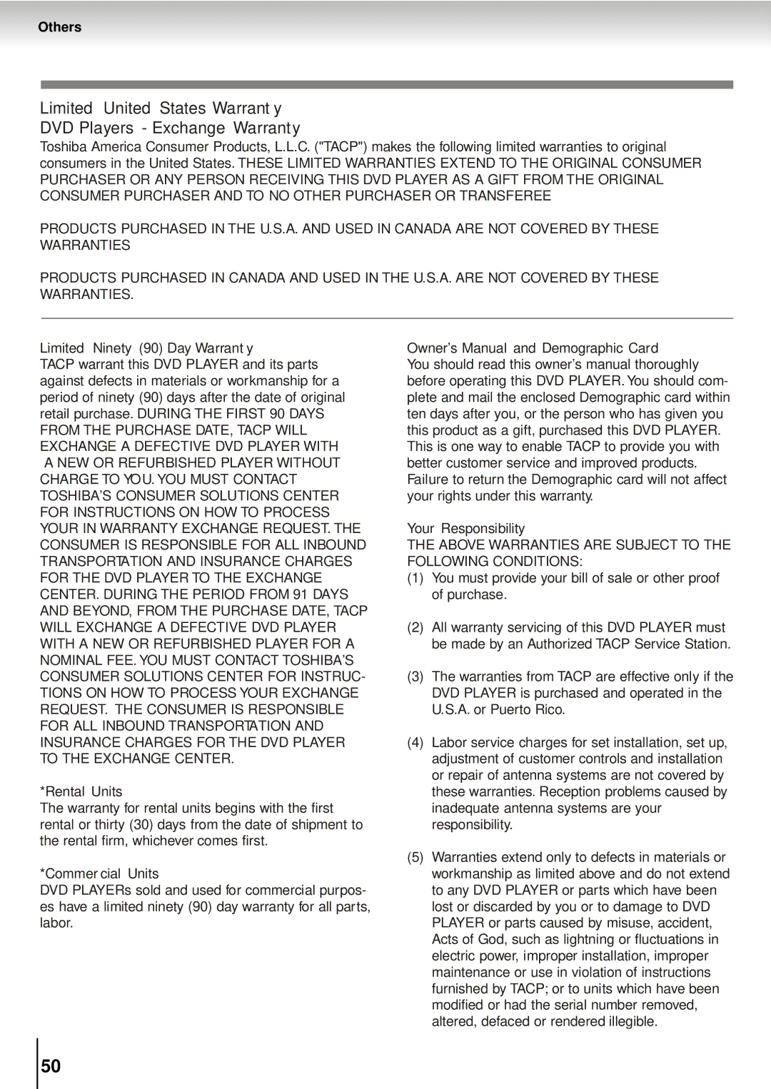 Toshiba SD-5915SU, SD-5915SC manual Above Warranties are Subject to the Following Conditions 