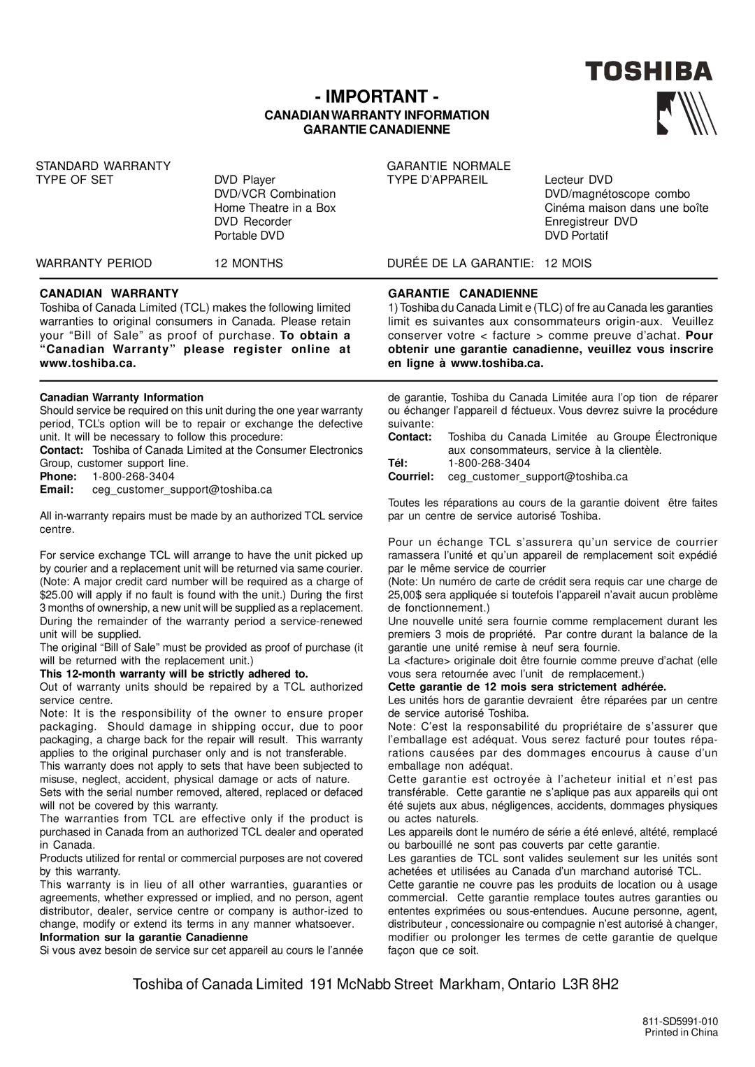 Toshiba SD-5915SU, SD-5915SC manual Canadian Warranty Information Garantie Canadienne 