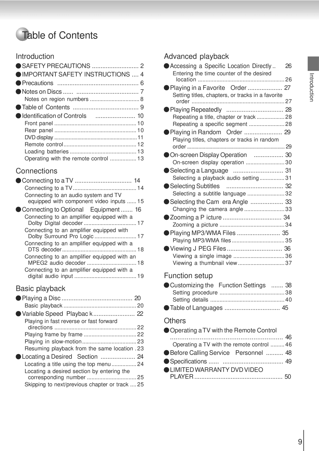 Toshiba SD-5915SC, SD-5915SU manual Table of Contents 