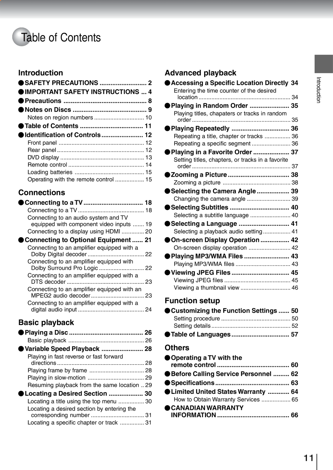 Toshiba SD-5970SU manual Table of Contents 