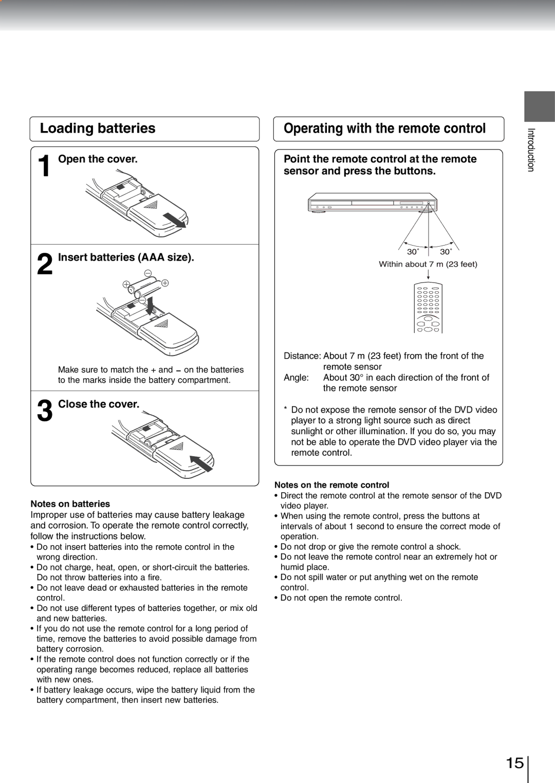 Toshiba SD-5970SU Loading batteries, Point the remote control at the remote, Sensor and press the buttons, Close the cover 