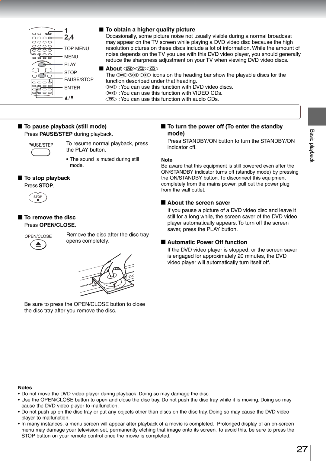 Toshiba SD-5970SU manual To obtain a higher quality picture, About, To pause playback still mode, To stop playback 