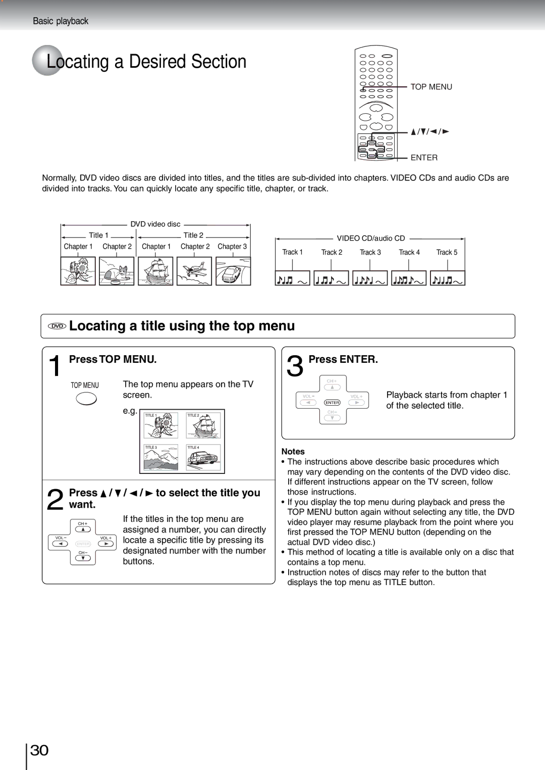 Toshiba SD-5970SU manual Locating a Desired Section, DVD Locating a title using the top menu, Press TOP Menu, Press Enter 