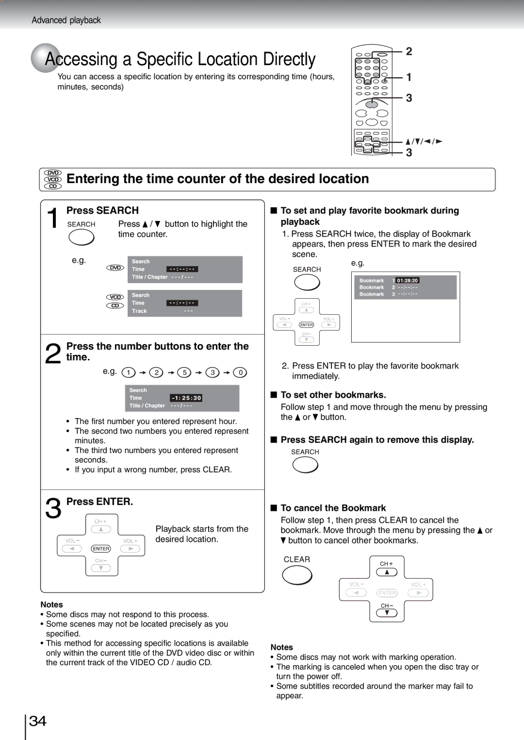 Toshiba SD-5970SU Entering the time counter of the desired location, Press Search, Press the number buttons to enter Time 