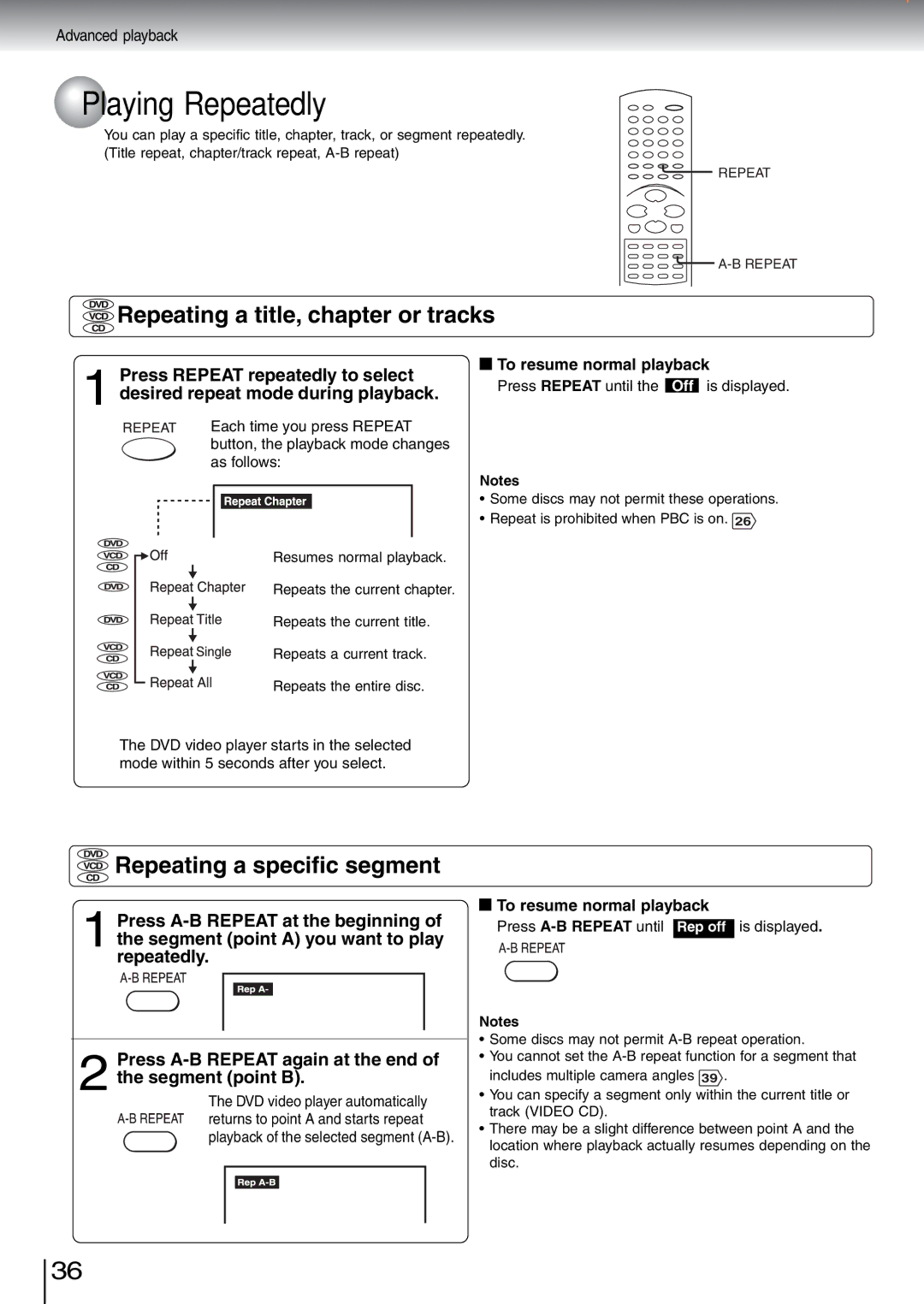 Toshiba SD-5970SU manual Playing Repeatedly, Repeating a title, chapter or tracks, Repeating a specific segment 