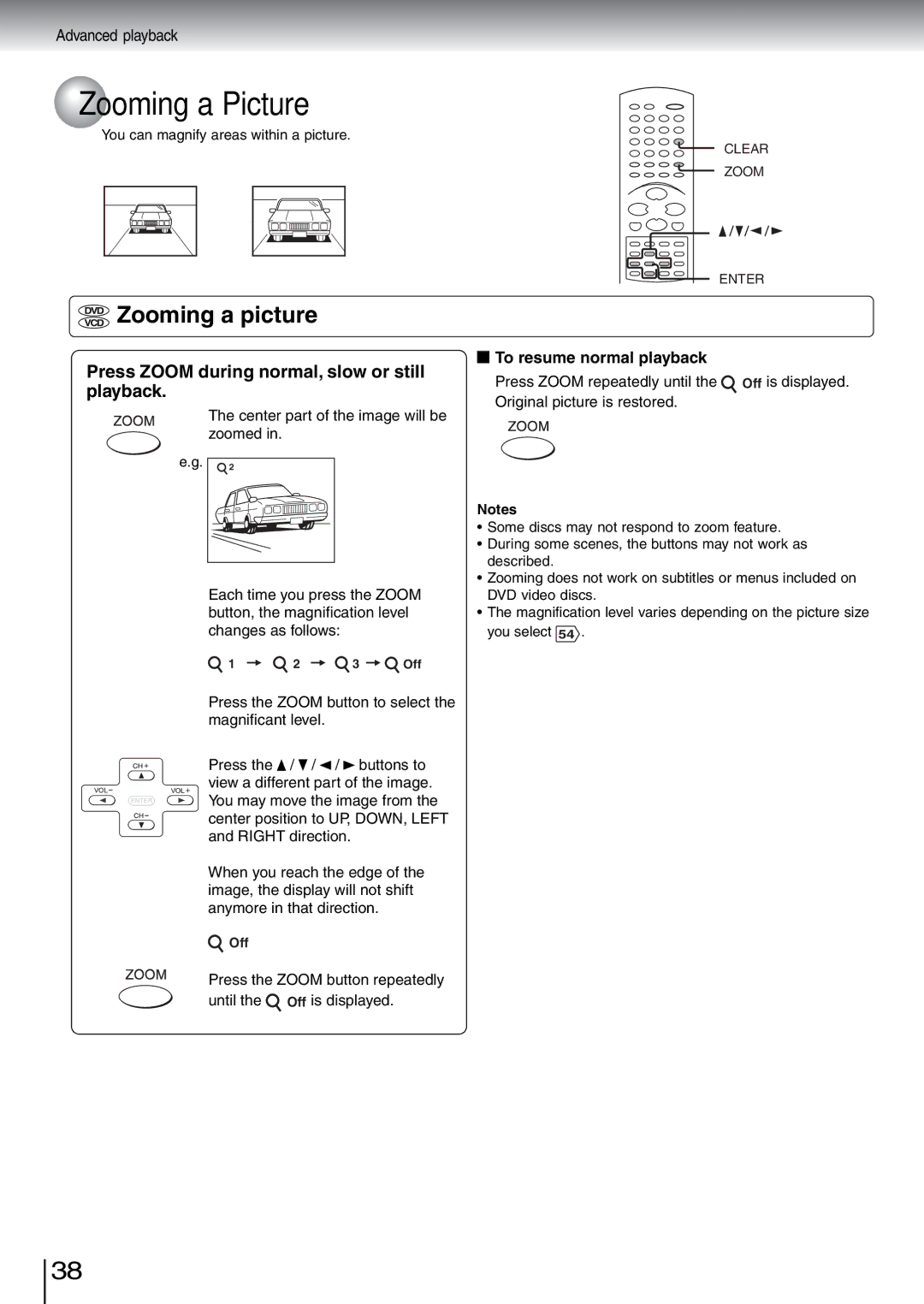 Toshiba SD-5970SU manual Zooming a Picture, Zooming a picture, Press Zoom during normal, slow or still playback 